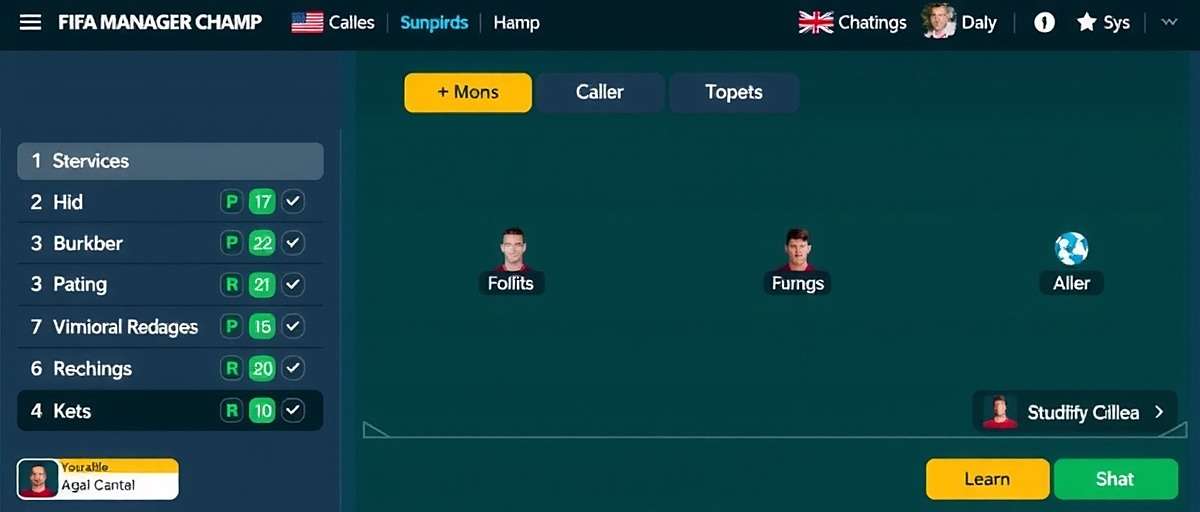 FIFA Manager Champ Tactical Setup Interface FIFA Manager Champ tactical setup screen showing formation options and player instructions